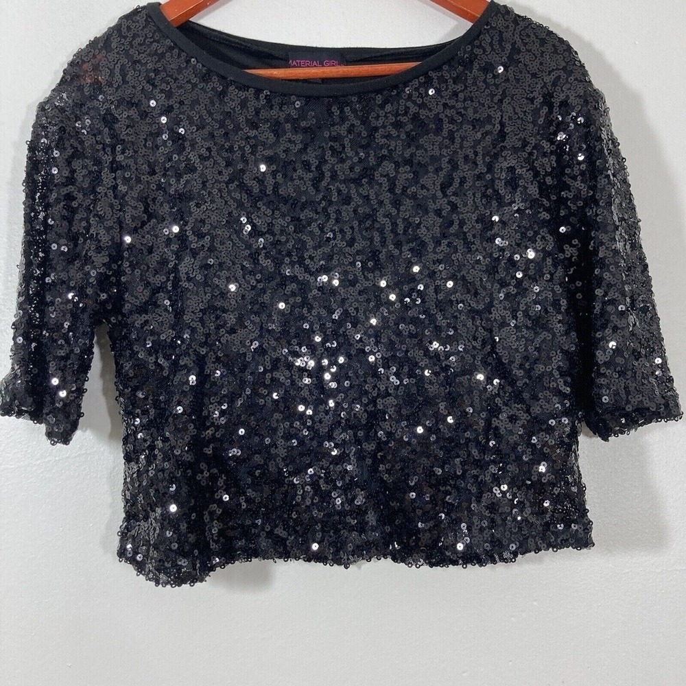 Material Girl Sequin Crop Top Womens‎ Small Black Short Sleeve Sparkly